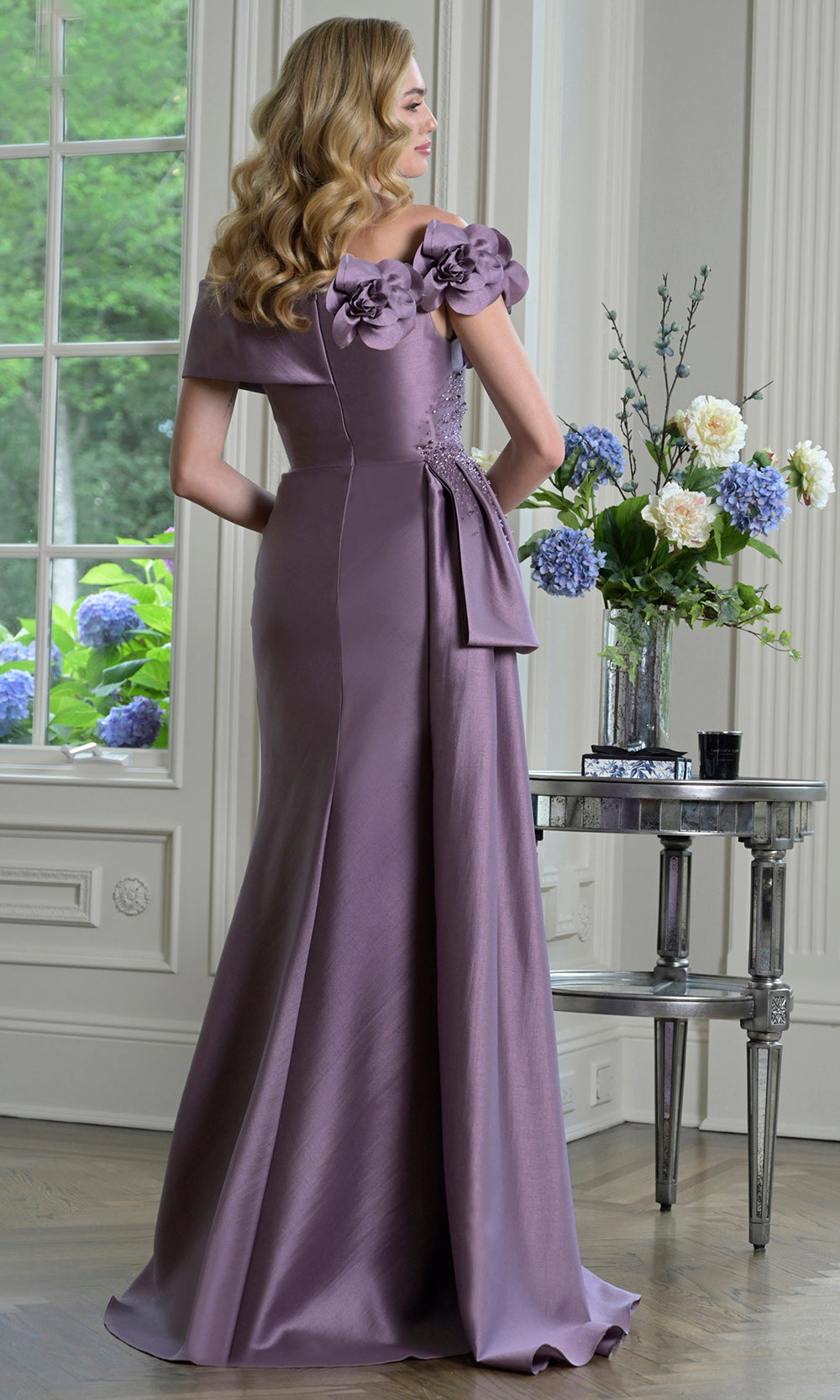 Rina di Montella RD3407-1 - Floral Accent Fitted Off Shoulder Dress Mother of the Bride Dresses