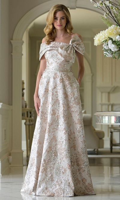 Rina di Montella RD3425-1 - A-line Brocade Gown with Oversized Bow Formal Gowns