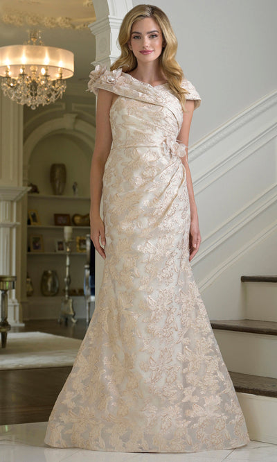 Rina di Montella RD3428-1 - Jacquard V-Neck 3D Rosette Dress Formal Gowns