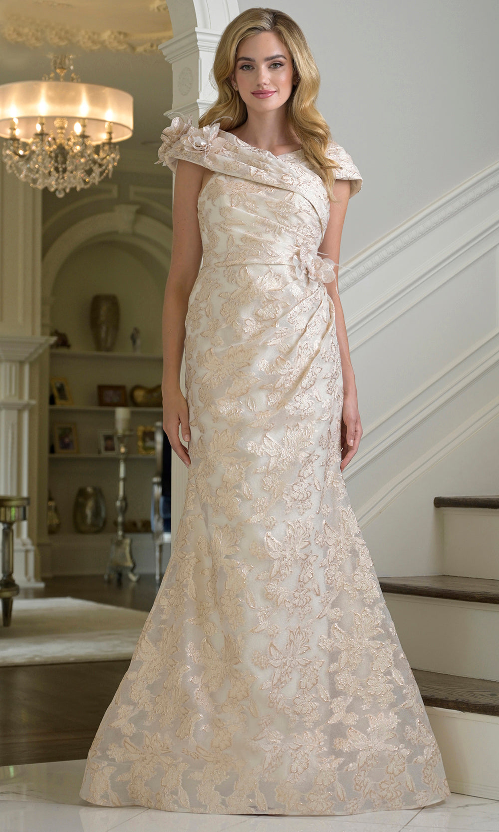 Rina di Montella RD3428 - V-Neck Floral Jacquard Evening Gown Formal Gowns