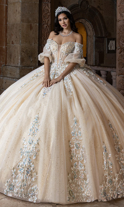 Rachel Allan RQ1165 - Floral Embroidered Puff Sleeve Tulle Gown Quinceanera Dresses