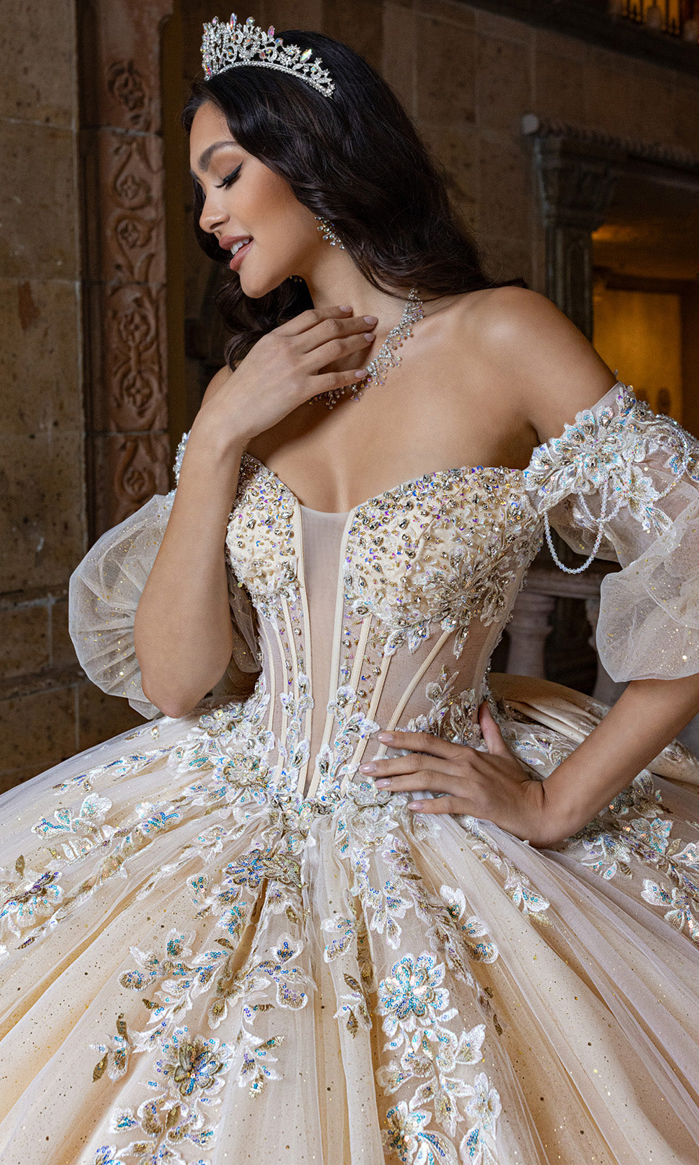 Rachel Allan RQ1165 - Floral Embroidered Puff Sleeve Tulle Gown Quinceanera Dresses