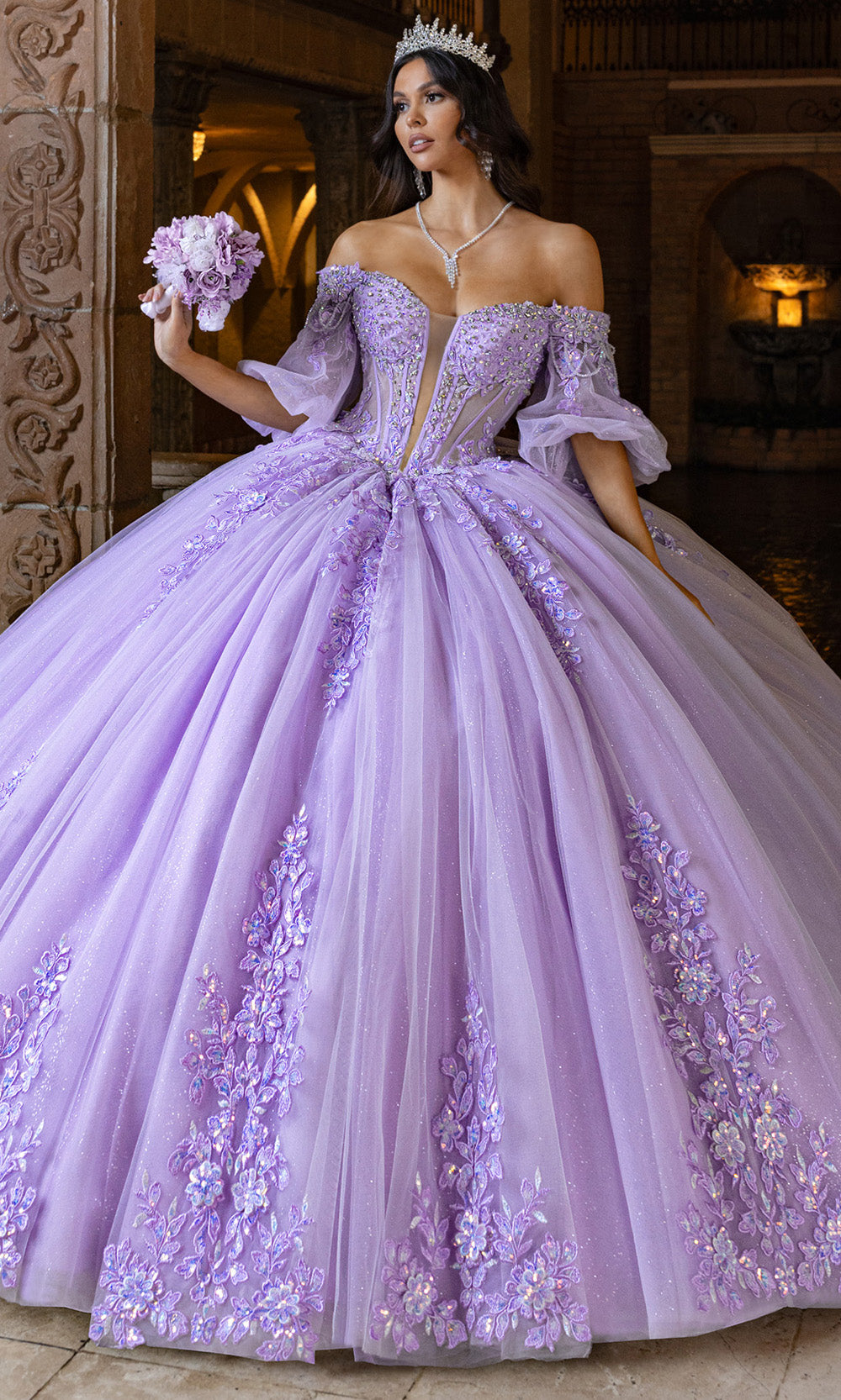 Rachel Allan RQ1165 - Floral Embroidered Puff Sleeve Tulle Gown Quinceanera Dresses