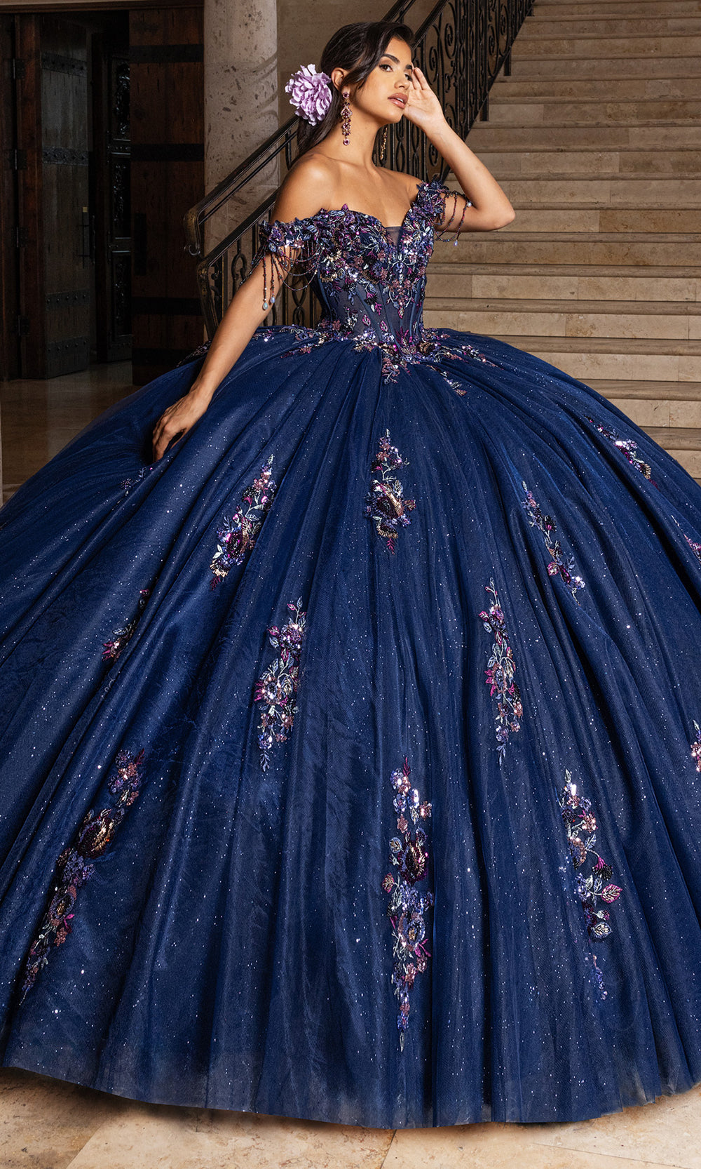 Rachel Allan RQ1184 - Off Shoulder Quinceanera Gown Quinceanera Dresses in Navy Multi