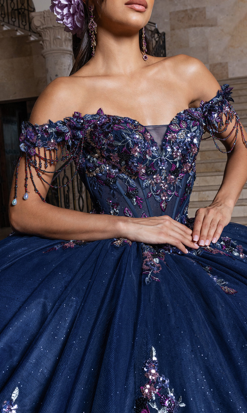 Rachel Allan RQ1184 - Off Shoulder Quinceanera Gown Quinceanera Dresses in Navy Multi