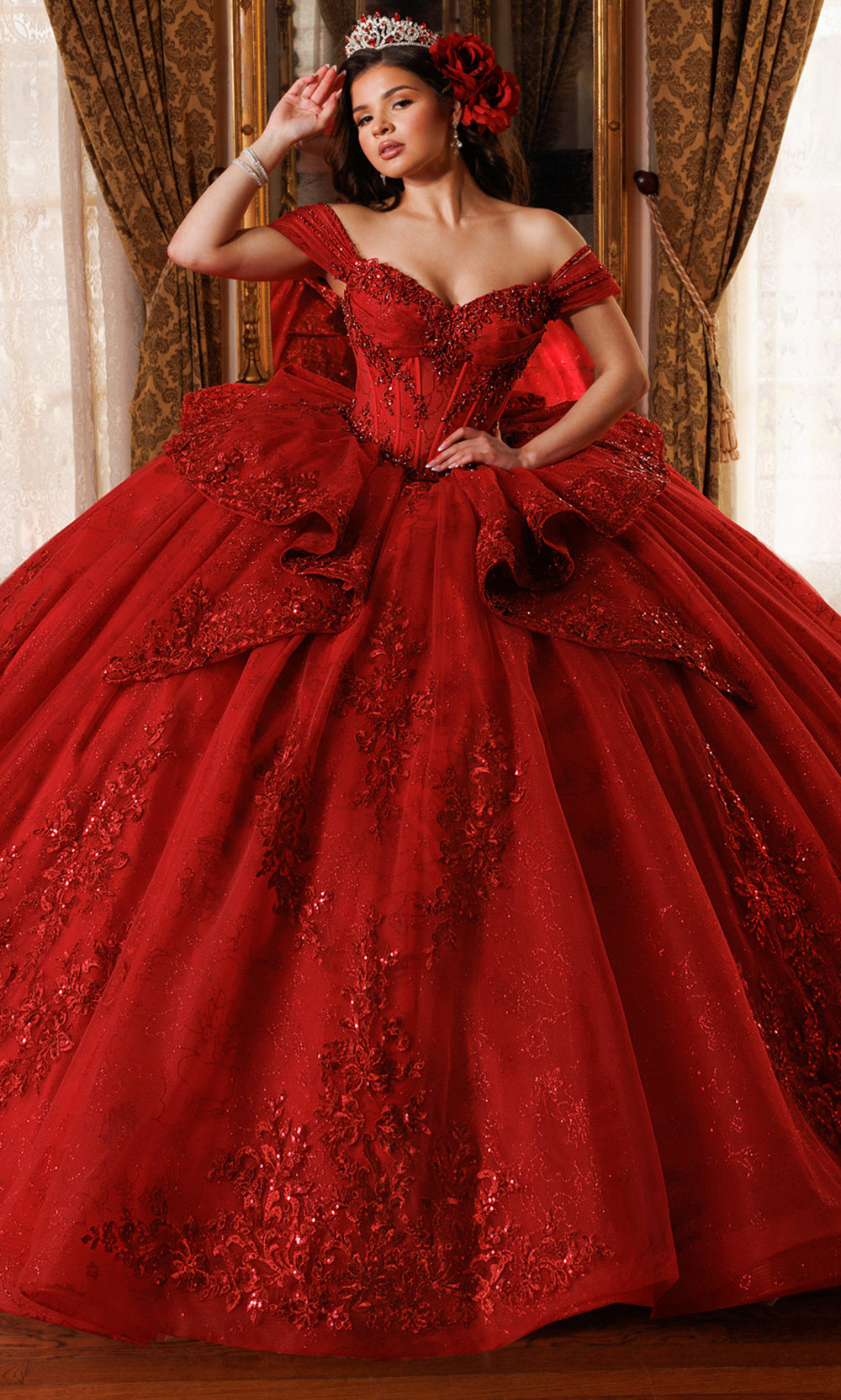 Rachel Allan RQ1191 - Applique Sweetheart Layered Ballgown Quinceanera Dresses in Red    