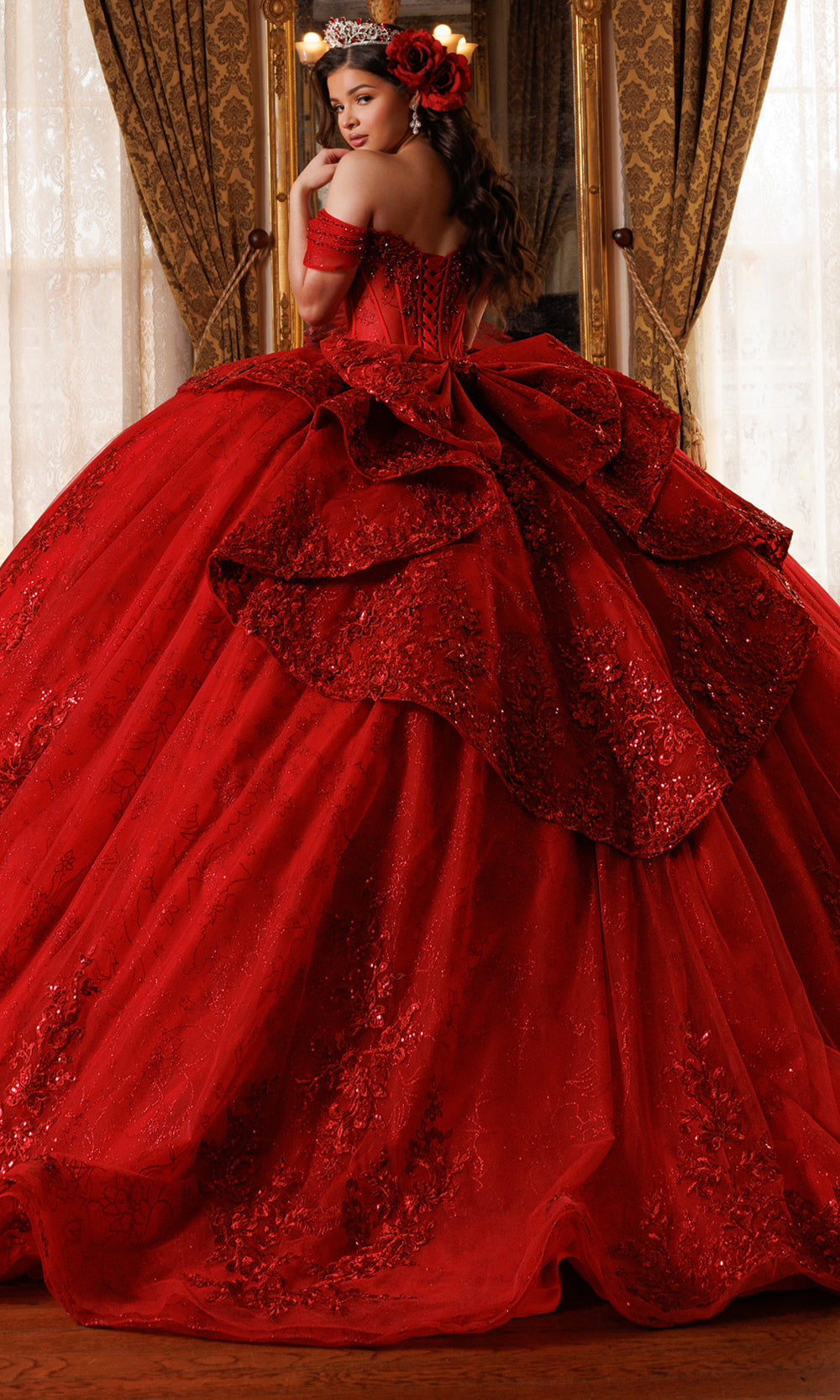 Rachel Allan RQ1191 - Applique Sweetheart Layered Ballgown Quinceanera Dresses in Red    