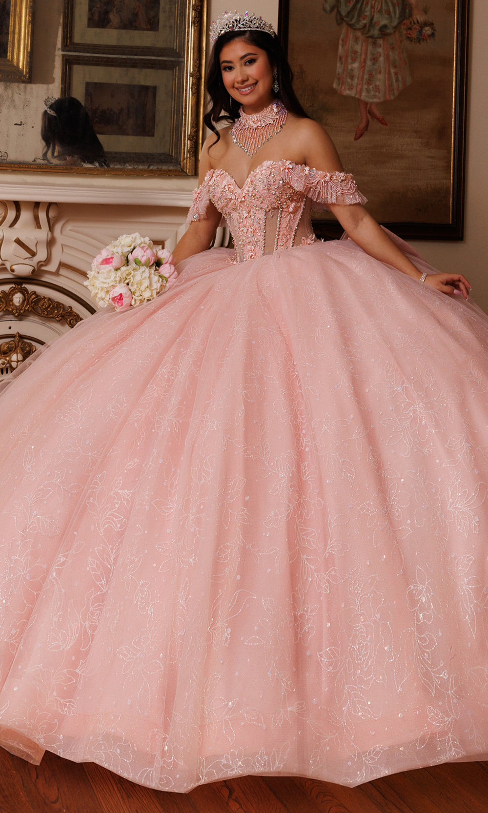 Rachel Allan RQ1192 - Sweetheart Glitter Tulle Gown with Choker Quinceanera Dresses in Pink White   