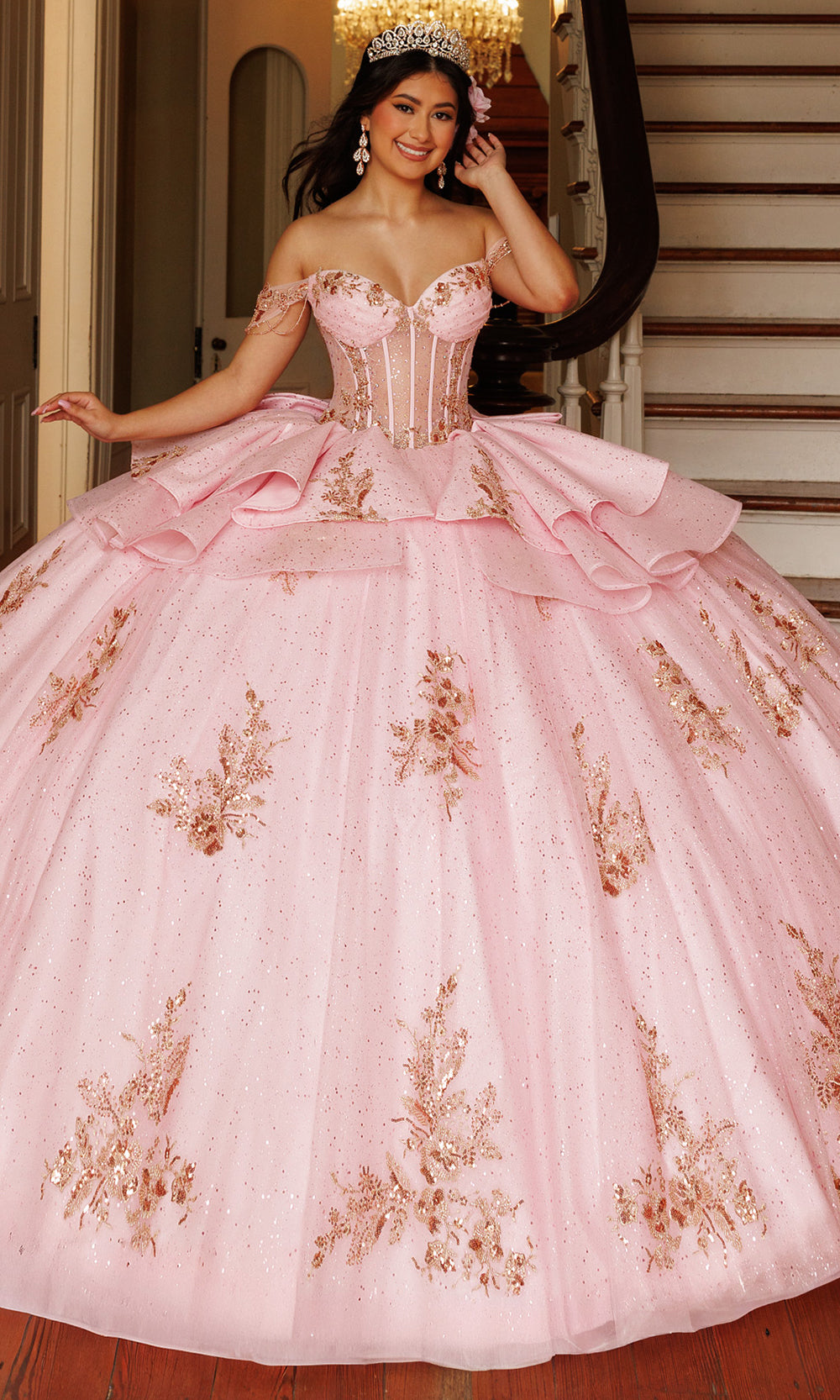 Rachel Allan RQ1194 - Off Shoulder Sweetheart Shimmer Ballgown Quinceanera Dresses in Pink Gold   