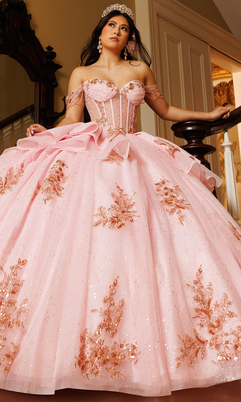 Rachel Allan RQ1194 - Off Shoulder Sweetheart Shimmer Ballgown Quinceanera Dresses in Pink Gold   