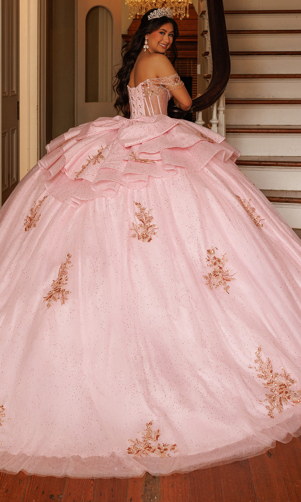 Rachel Allan RQ1194 - Off Shoulder Sweetheart Shimmer Ballgown Quinceanera Dresses in Pink Gold   