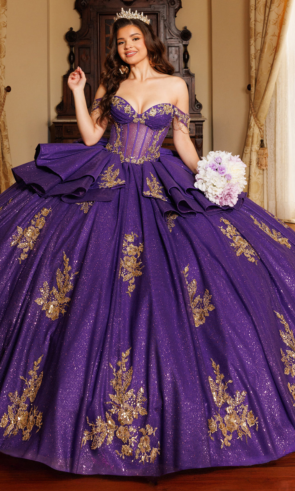 Rachel Allan RQ1194 - Off Shoulder Sweetheart Shimmer Ballgown Quinceanera Dresses in Purple Gold   