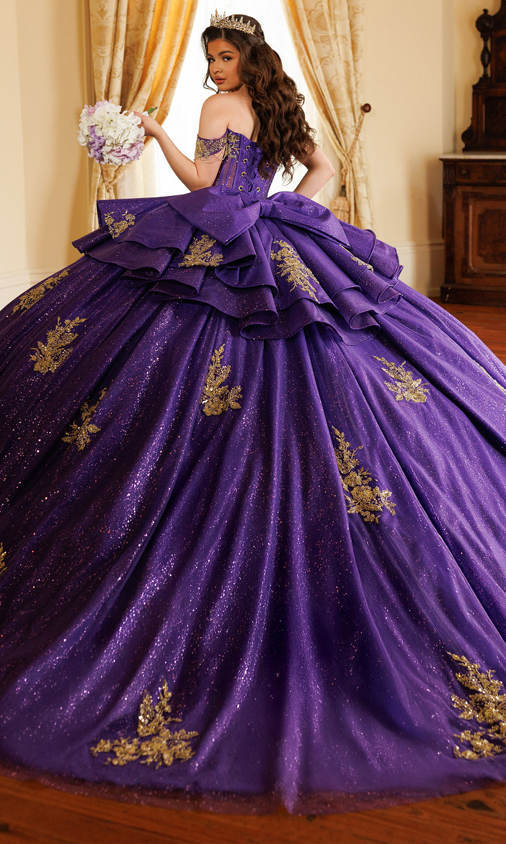 Rachel Allan RQ1194 - Off Shoulder Sweetheart Shimmer Ballgown Quinceanera Dresses in Purple Gold   