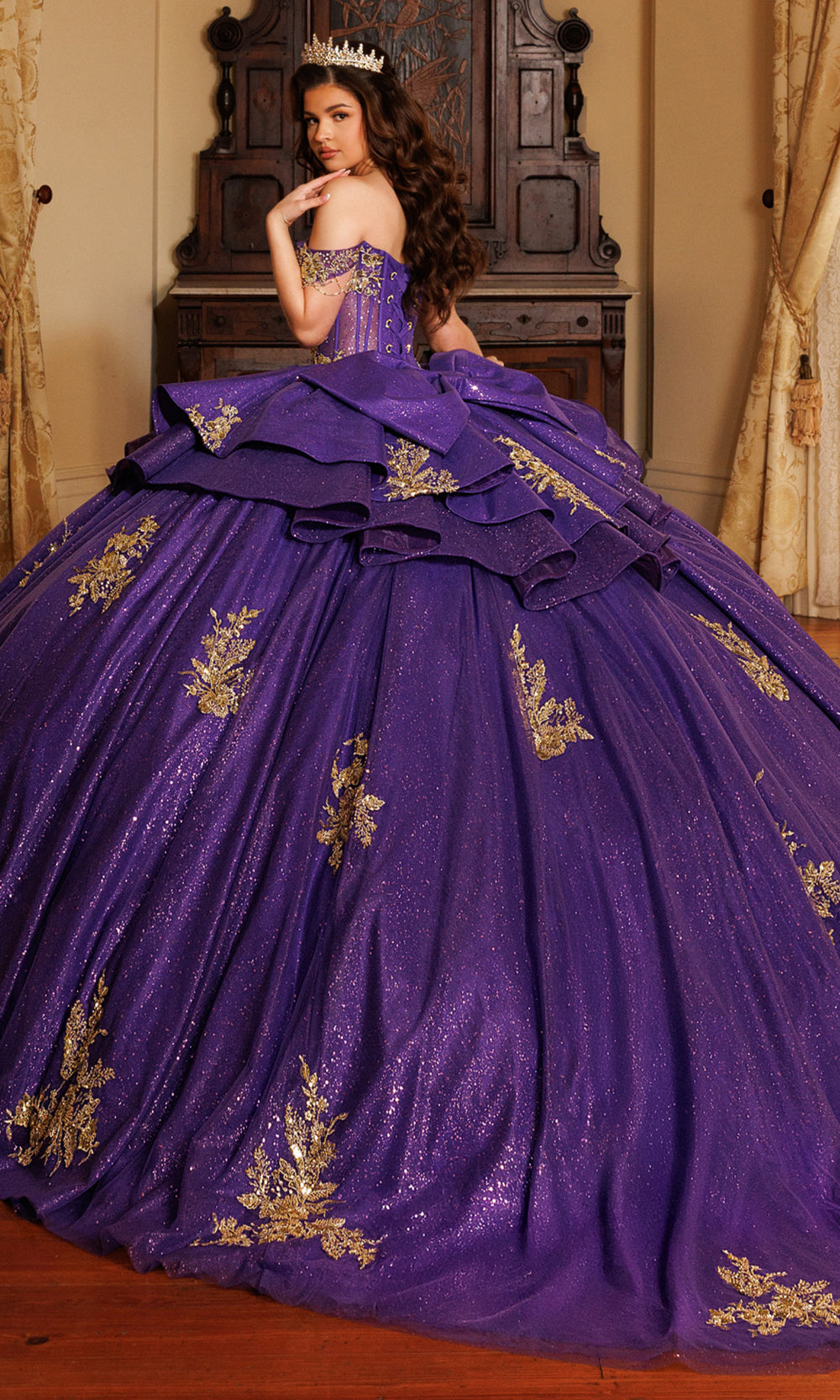 Rachel Allan RQ1194 - Off Shoulder Sweetheart Shimmer Ballgown Quinceanera Dresses in Purple Gold   