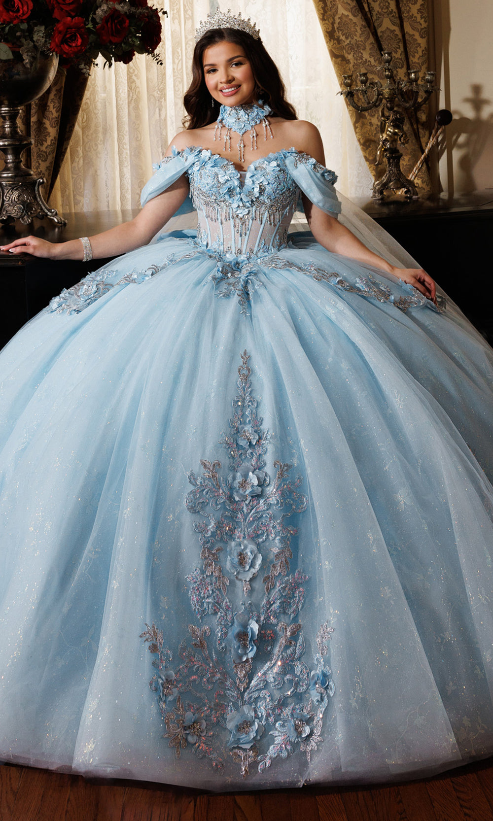 Rachel Allan RQ1196 - Oversized Bow Strapless Floral Ballgown Quinceanera Dresses in Blue Silver   
