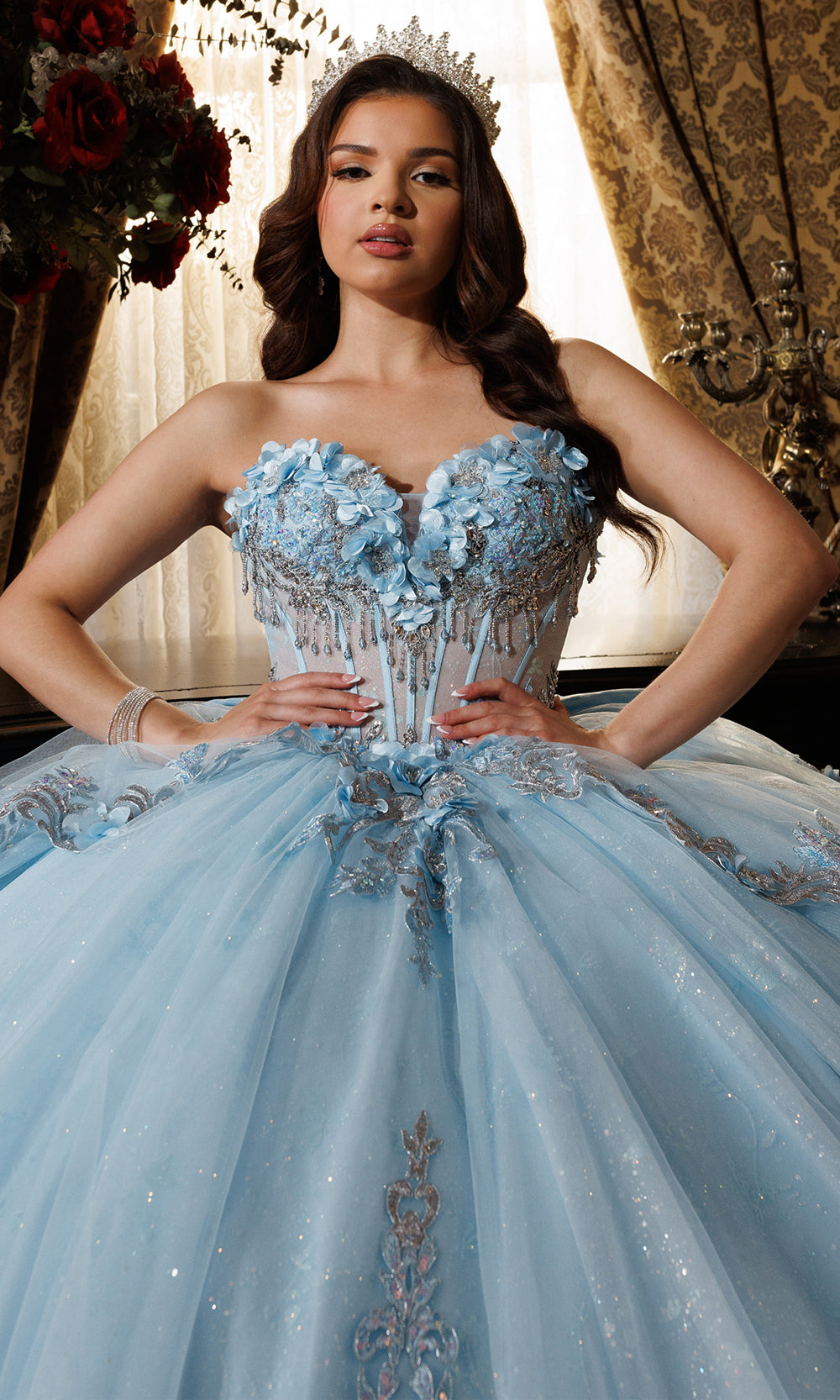 Rachel Allan RQ1196 - Oversized Bow Strapless Floral Ballgown Quinceanera Dresses in Blue Silver   