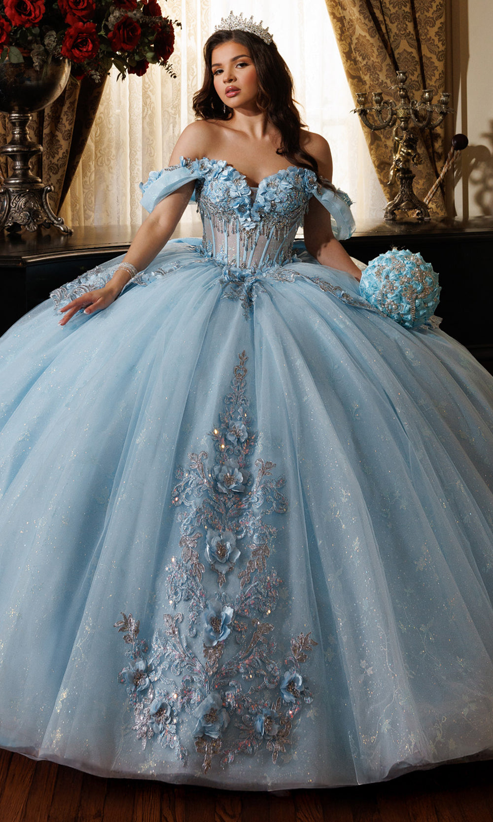 Rachel Allan RQ1196 - Oversized Bow Strapless Floral Ballgown Quinceanera Dresses in Blue Silver   