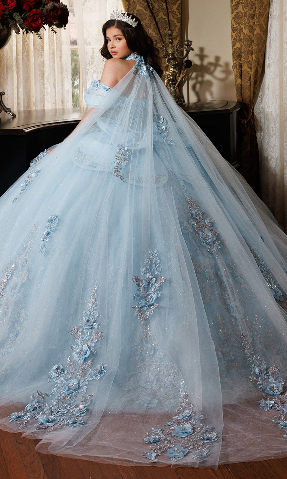Rachel Allan RQ1196 - Oversized Bow Strapless Floral Ballgown Quinceanera Dresses in Blue Silver   