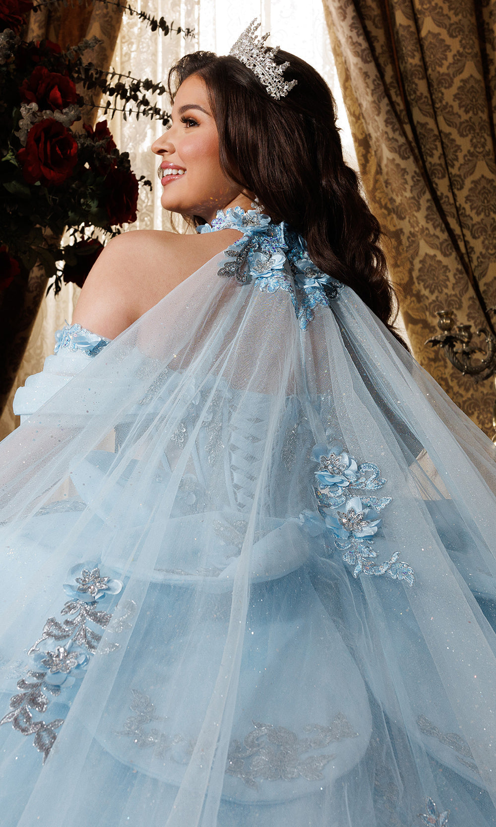 Rachel Allan RQ1196 - Oversized Bow Strapless Floral Ballgown Quinceanera Dresses in Blue Silver   