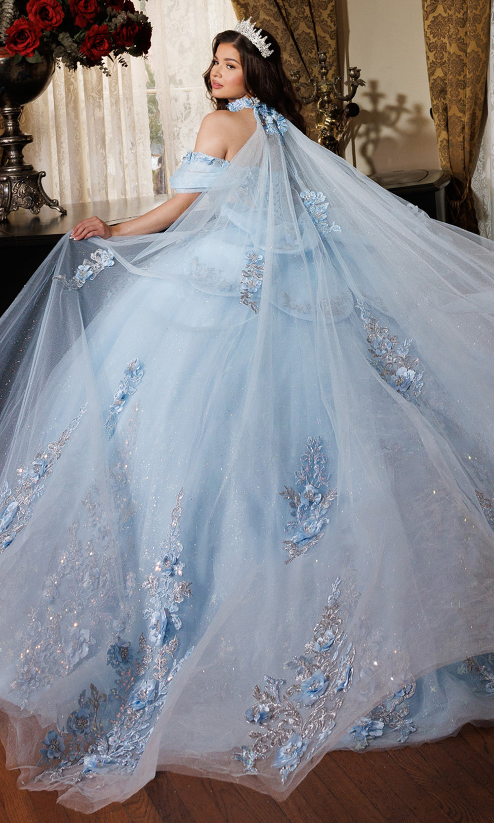 Rachel Allan RQ1196 - Oversized Bow Strapless Floral Ballgown Quinceanera Dresses in Blue Silver   