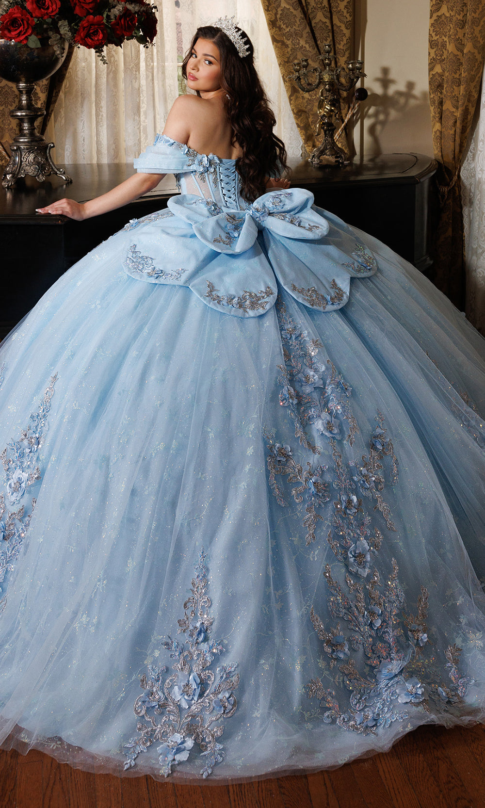 Rachel Allan RQ1196 - Oversized Bow Strapless Floral Ballgown Quinceanera Dresses in Blue Silver   