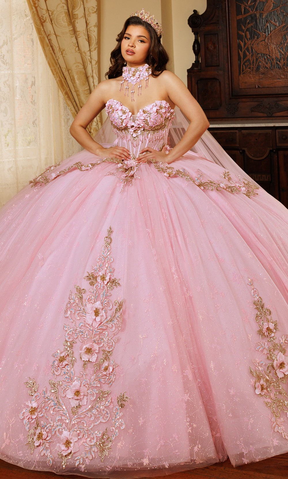 Rachel Allan RQ1196 - Oversized Bow Strapless Floral Ballgown Quinceanera Dresses in Pink Silver   