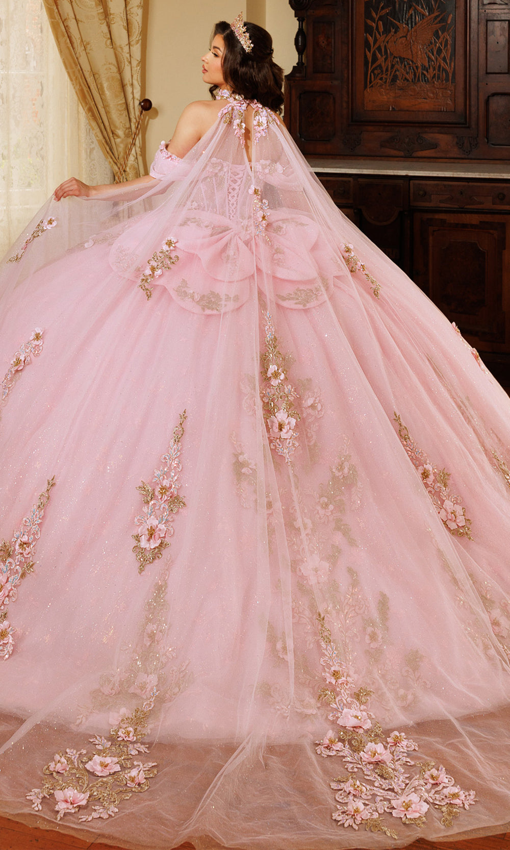 Rachel Allan RQ1196 - Oversized Bow Strapless Floral Ballgown Quinceanera Dresses in Pink Silver   