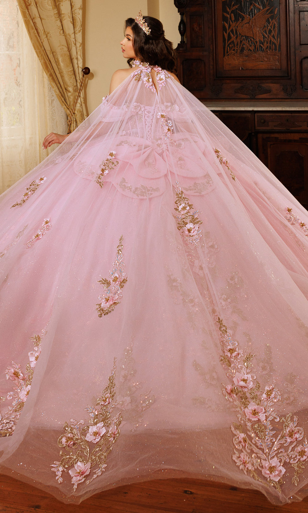 Rachel Allan RQ1196 - Oversized Bow Strapless Floral Ballgown Quinceanera Dresses in Pink Silver   