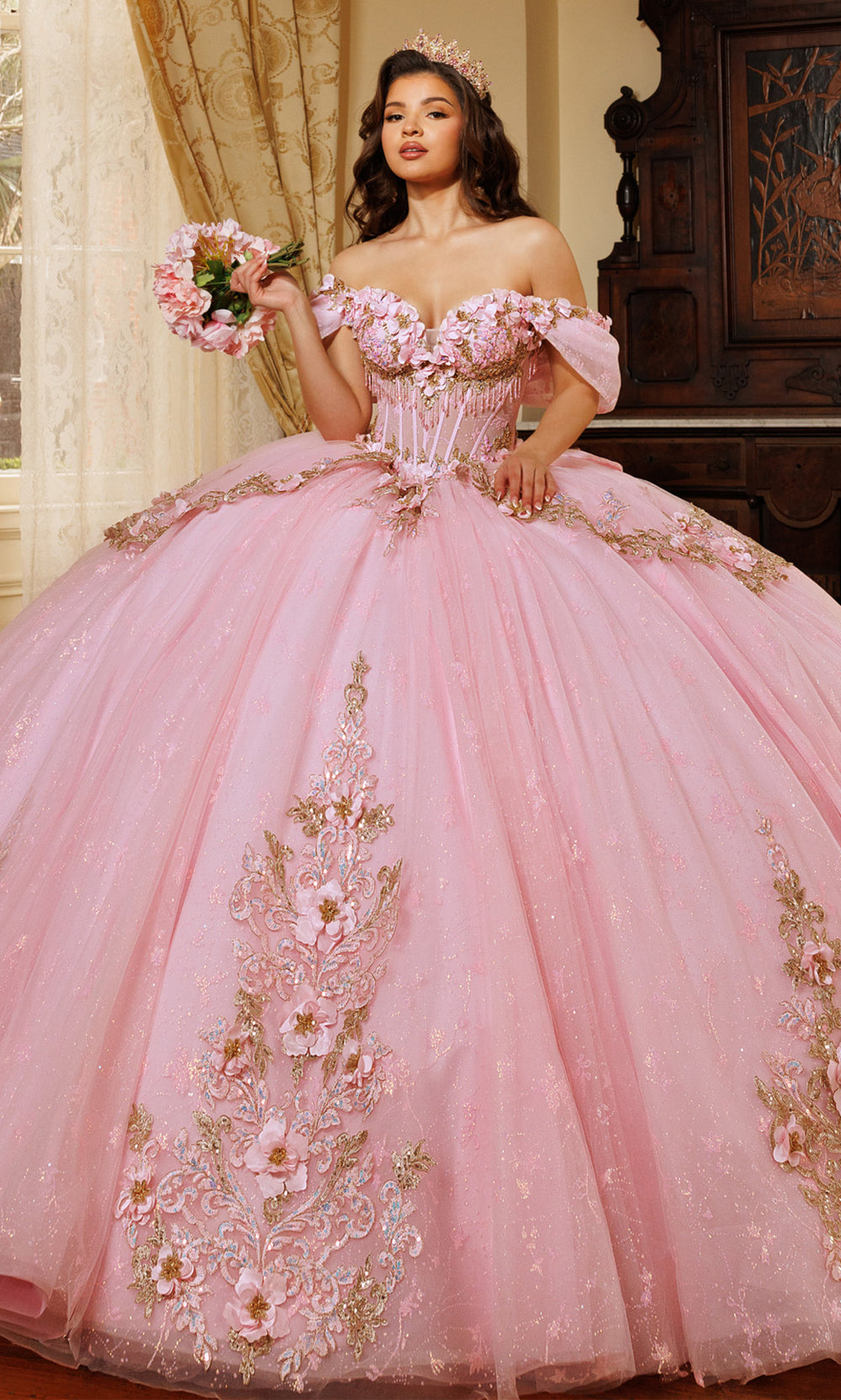 Rachel Allan RQ1196 - Oversized Bow Strapless Floral Ballgown Quinceanera Dresses in Pink Silver   