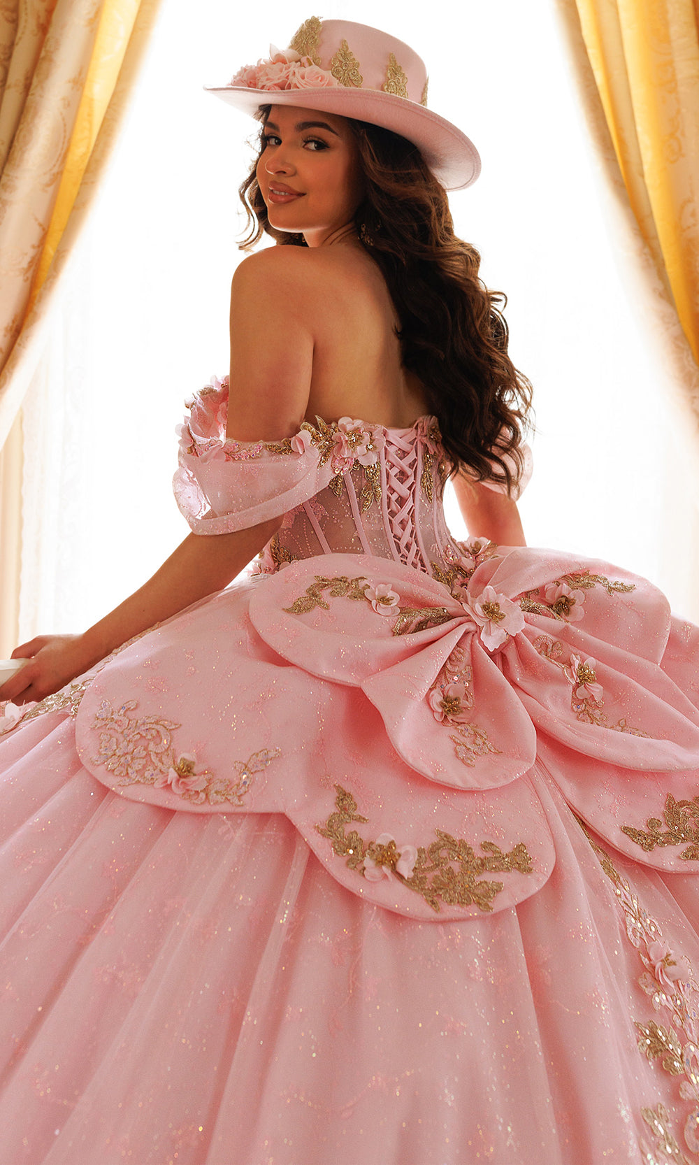 Rachel Allan RQ1196 - Oversized Bow Strapless Floral Ballgown Quinceanera Dresses in Pink Silver   