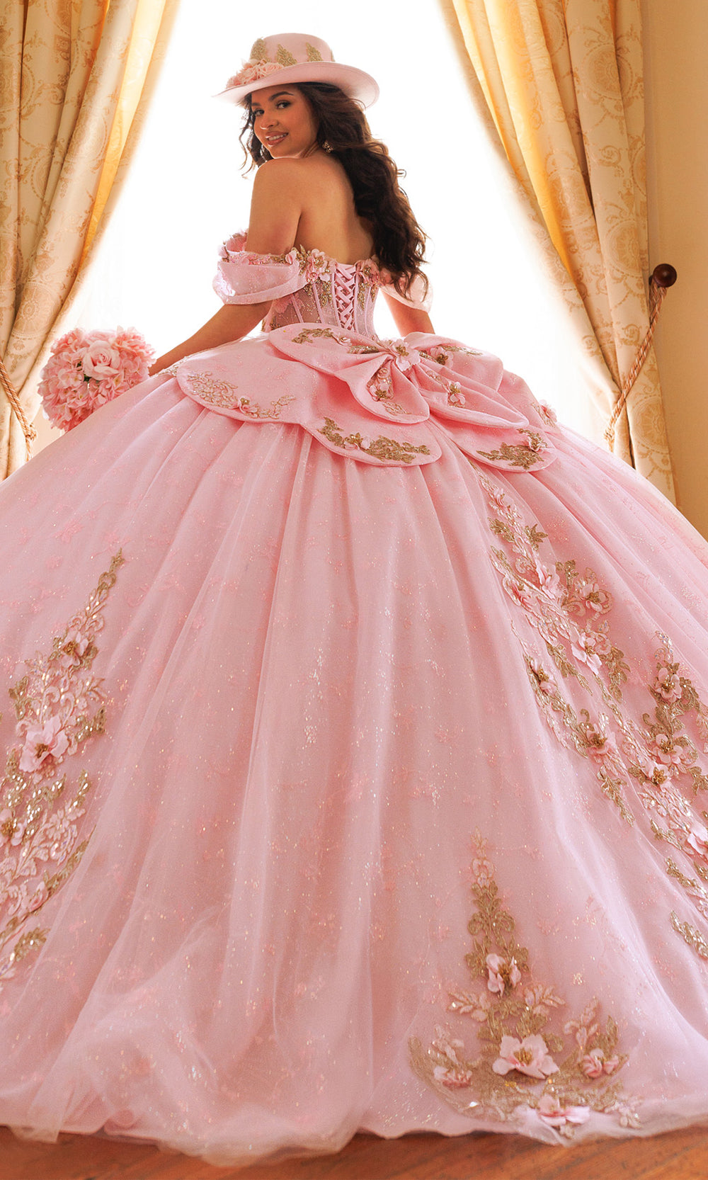 Rachel Allan RQ1196 - Oversized Bow Strapless Floral Ballgown Quinceanera Dresses in Pink Silver   