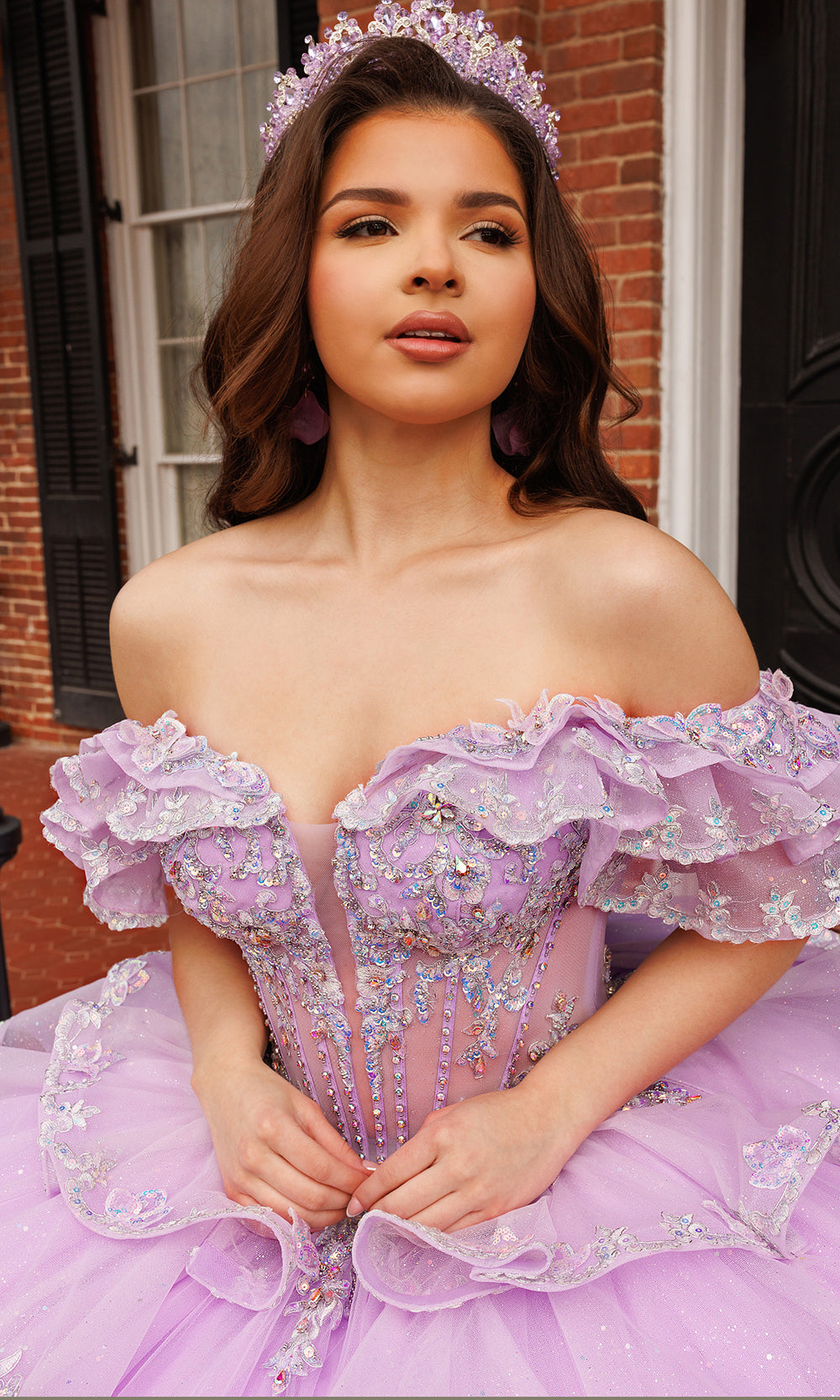 Rachel Allan RQ1198 - Ruffled Sleeve Basque Ballgown Quinceanera Dresses in Purple    