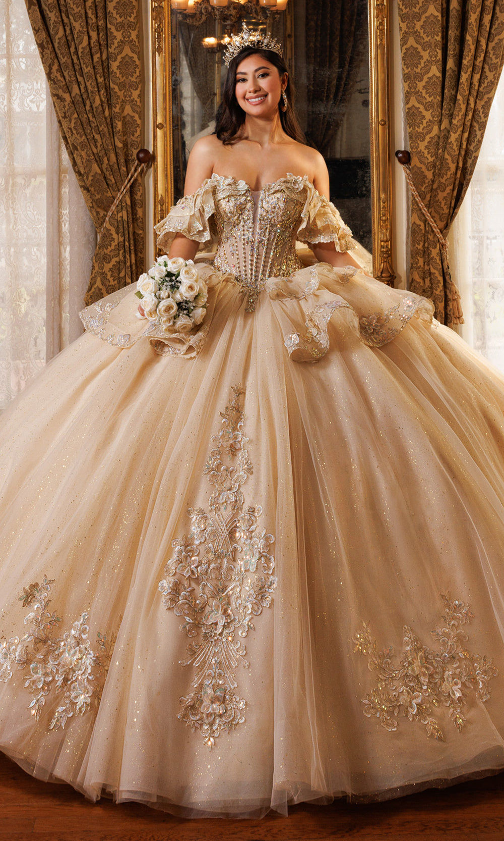 Rachel Allan RQ1198 - Ruffled Sleeve Basque Ballgown Quinceanera Dresses in Neutral    