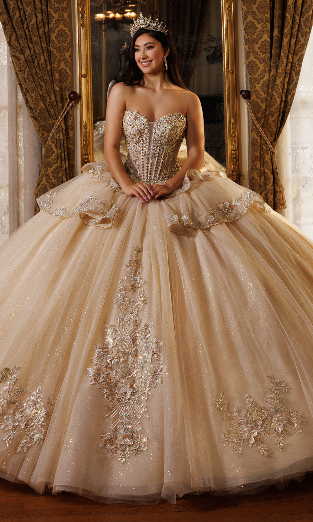 Rachel Allan RQ1198 - Ruffled Sleeve Basque Ballgown Quinceanera Dresses in Neutral    