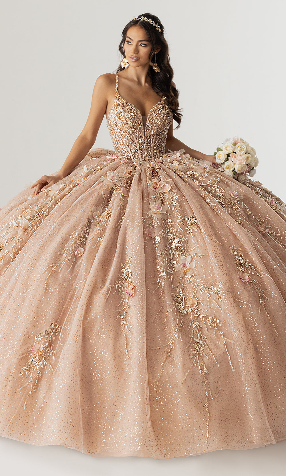 Rachel Allan RQ3170 - Floral Applique Quinceanera Gown Quinceanera Dresses in Nude Rose Gold