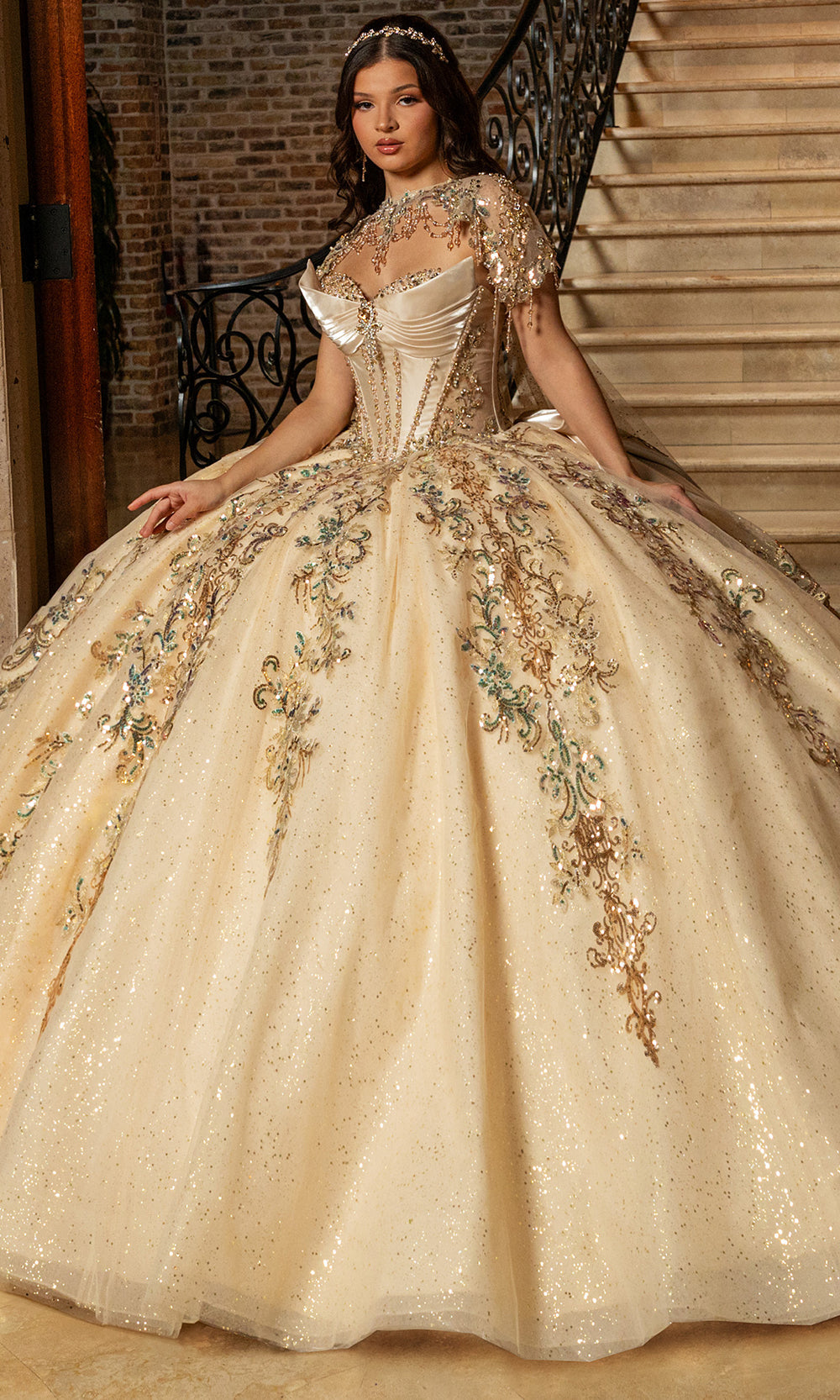 Rachel Allan RQ3172 - Illusion Neckline Quinceanera Dress Quinceanera Dresses in Champagne Gold