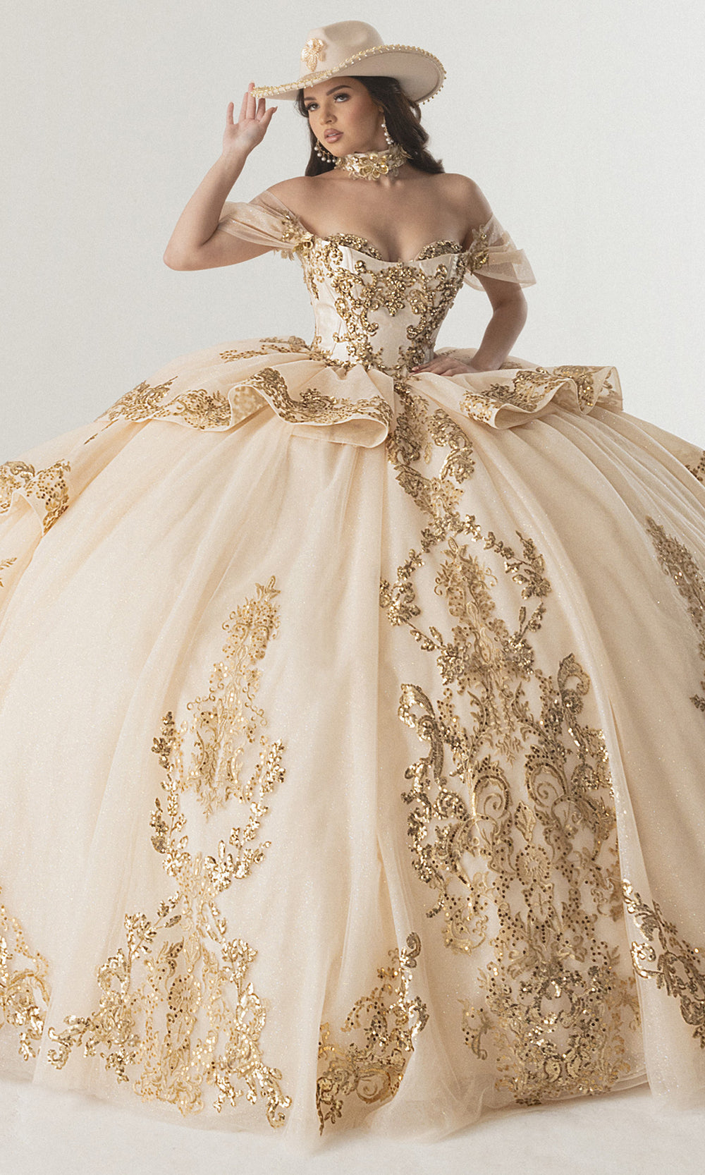 Rachel Allan RQ3175 - Off Shoulder Quinceanera Dress Quinceanera Dresses in Champagne Gold