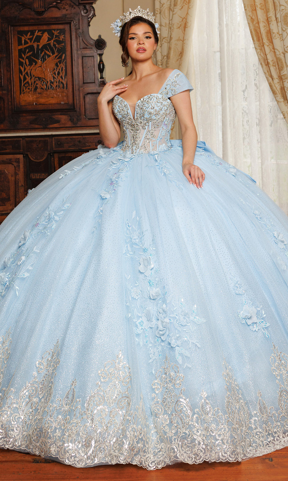 Rachel Allan RQ3180 - Embroidered Illusion Corset Gown with Bow Quinceanera Dresses in Blue Gold   