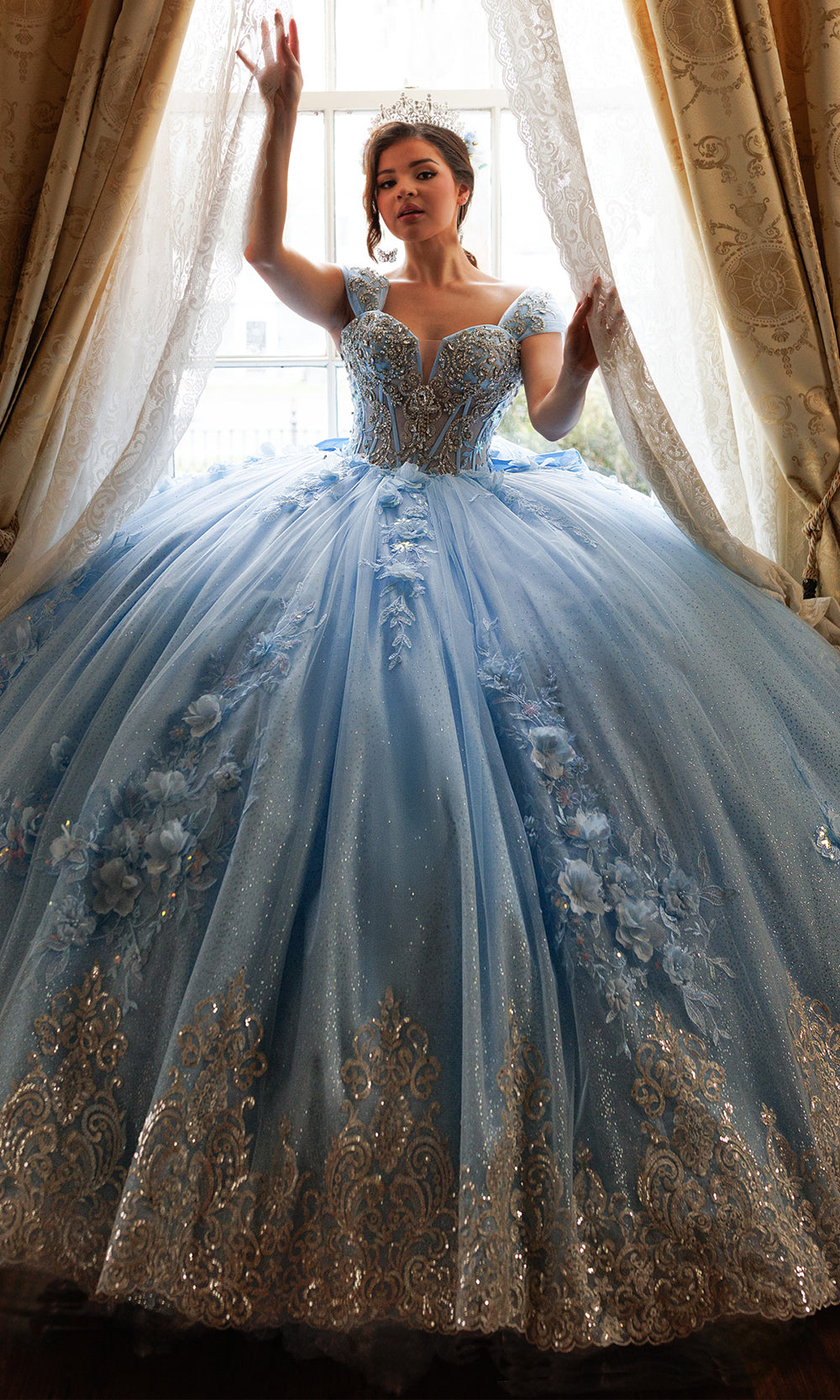 Rachel Allan RQ3180 - Embroidered Illusion Corset Gown with Bow Quinceanera Dresses in Blue Gold   