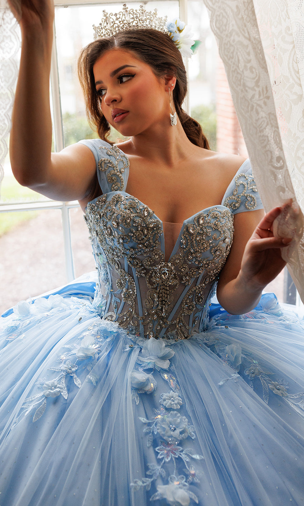 Rachel Allan RQ3180 - Embroidered Illusion Corset Gown with Bow Quinceanera Dresses in Blue Gold   