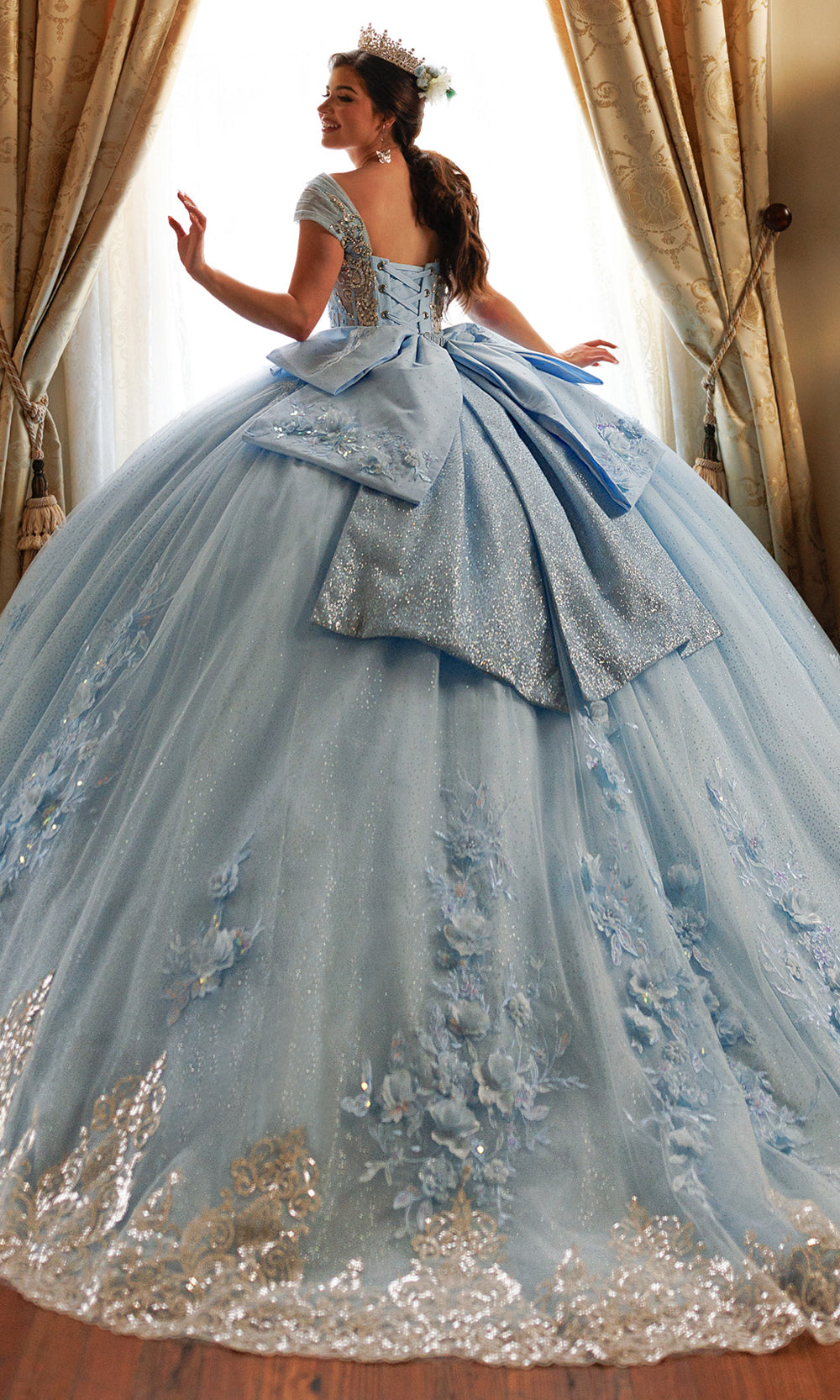 Rachel Allan RQ3180 - Embroidered Illusion Corset Gown with Bow Quinceanera Dresses in Blue Gold   