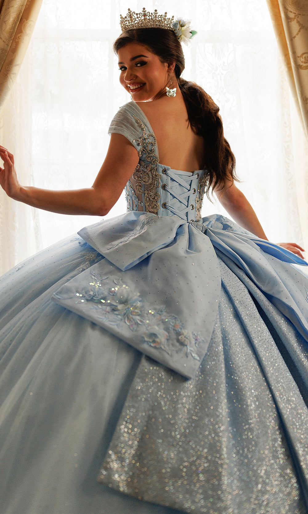 Rachel Allan RQ3180 - Embroidered Illusion Corset Gown with Bow Quinceanera Dresses in Blue Gold   
