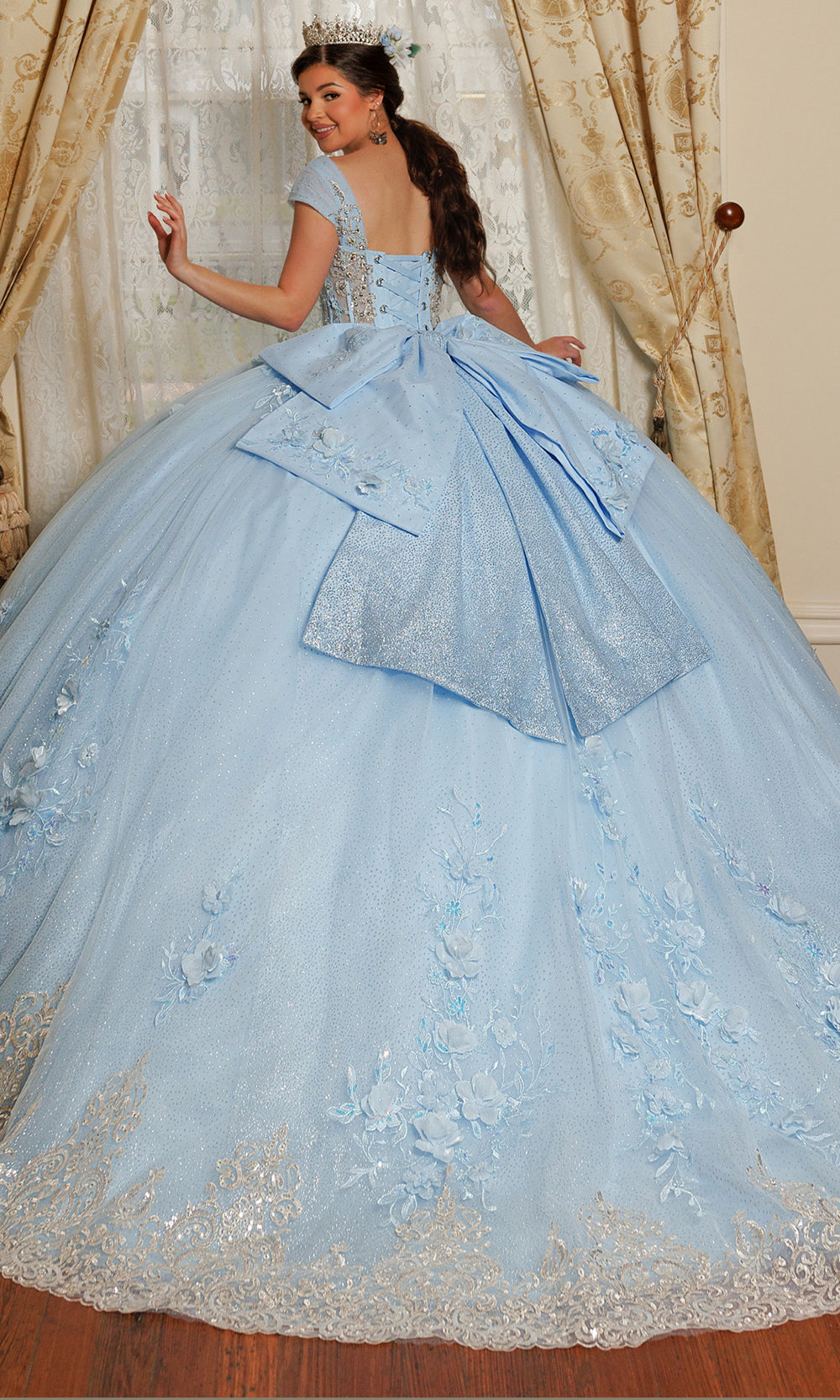 Rachel Allan RQ3180 - Embroidered Illusion Corset Gown with Bow Quinceanera Dresses in Blue Gold   