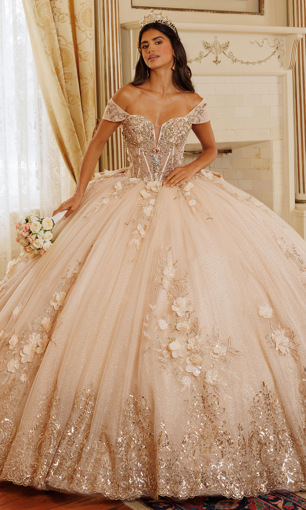 Rachel Allan RQ3180 - Embroidered Illusion Corset Gown with Bow Quinceanera Dresses in Neutral Gold   