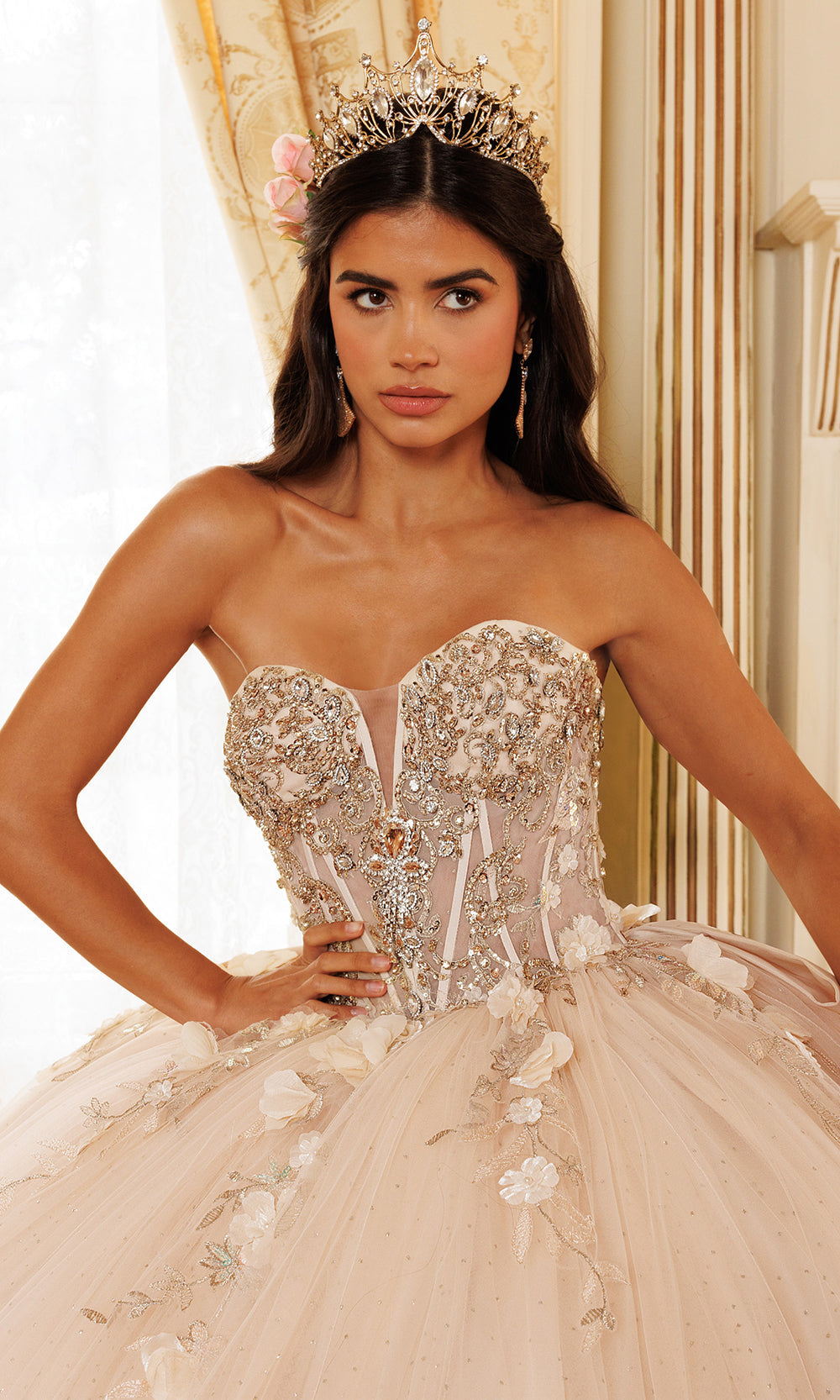 Rachel Allan RQ3180 - Embroidered Illusion Corset Gown with Bow Quinceanera Dresses in Neutral Gold   