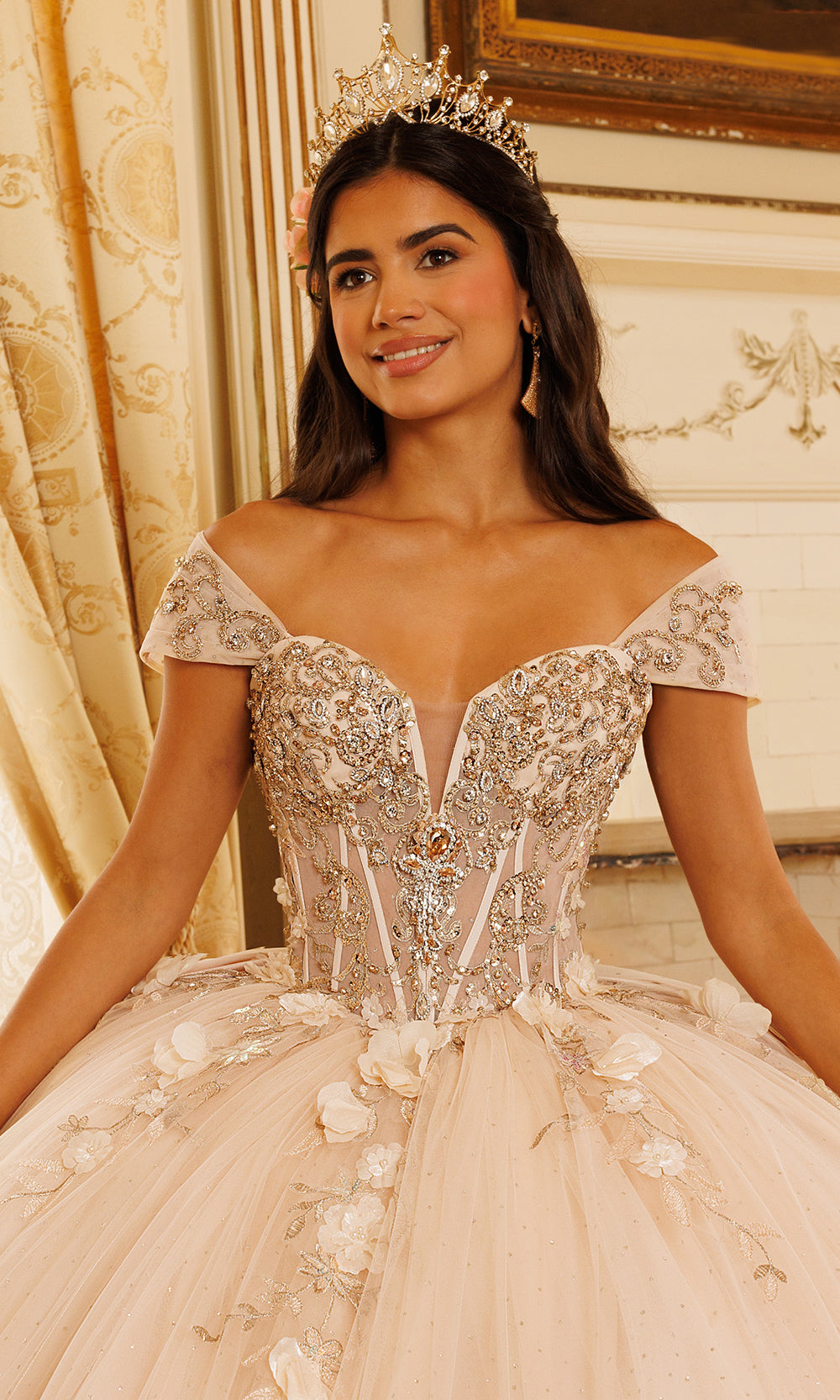 Rachel Allan RQ3180 - Embroidered Illusion Corset Gown with Bow Quinceanera Dresses in Neutral Gold   