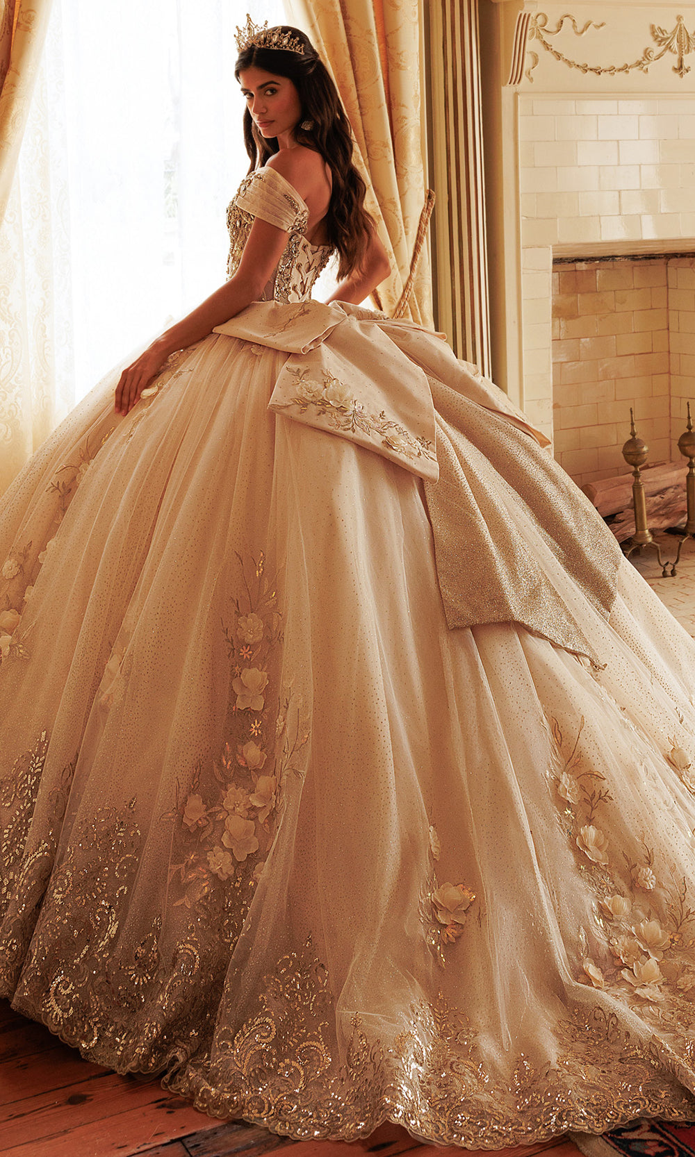 Rachel Allan RQ3180 - Embroidered Illusion Corset Gown with Bow Quinceanera Dresses in Neutral Gold   