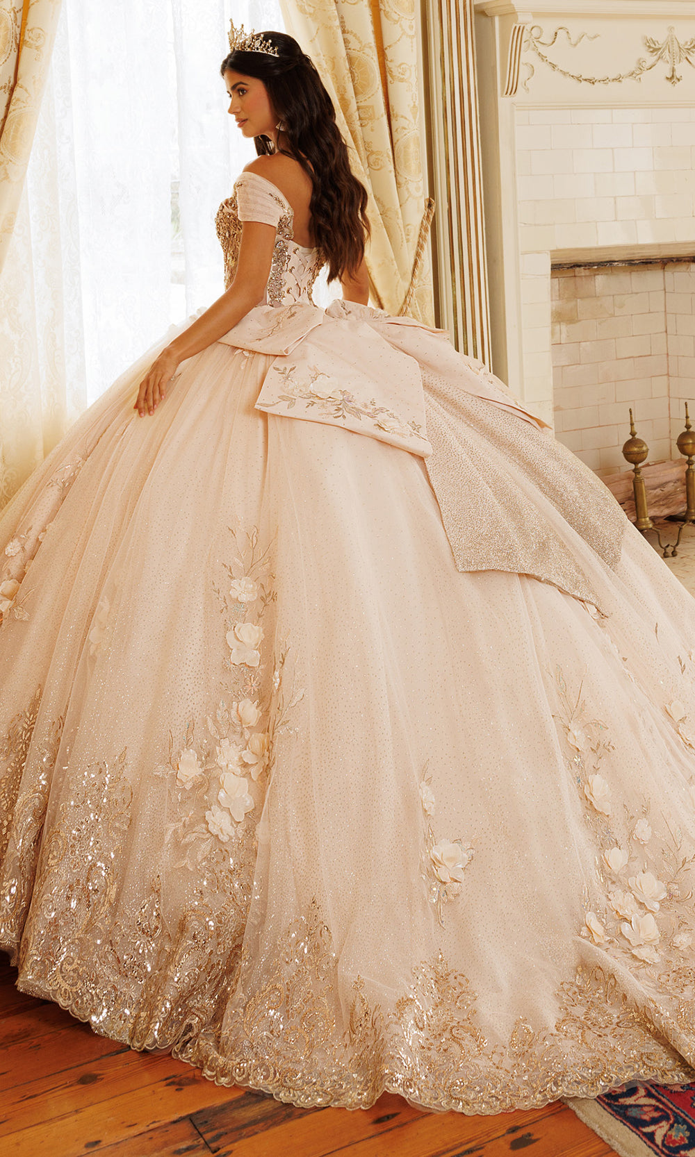 Rachel Allan RQ3180 - Embroidered Illusion Corset Gown with Bow Quinceanera Dresses in Neutral Gold   