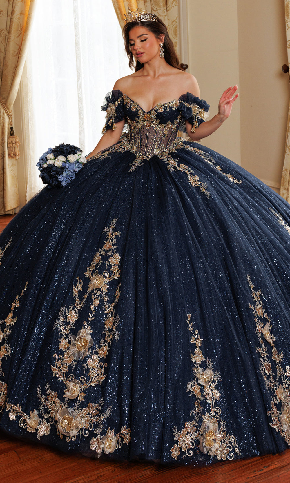 Rachel Allan RQ3181 - Beaded Lace Strapless Cape Gown Quinceanera Dresses in Blue Gold   