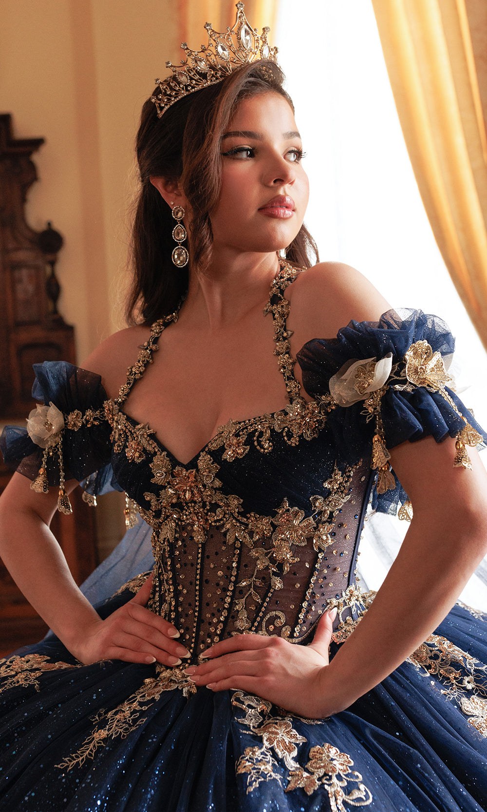 Rachel Allan RQ3181 - Beaded Lace Strapless Cape Gown Quinceanera Dresses in Blue Gold   